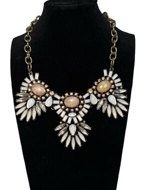 Statement Crystal Bib Necklace - Beige, White, Gold